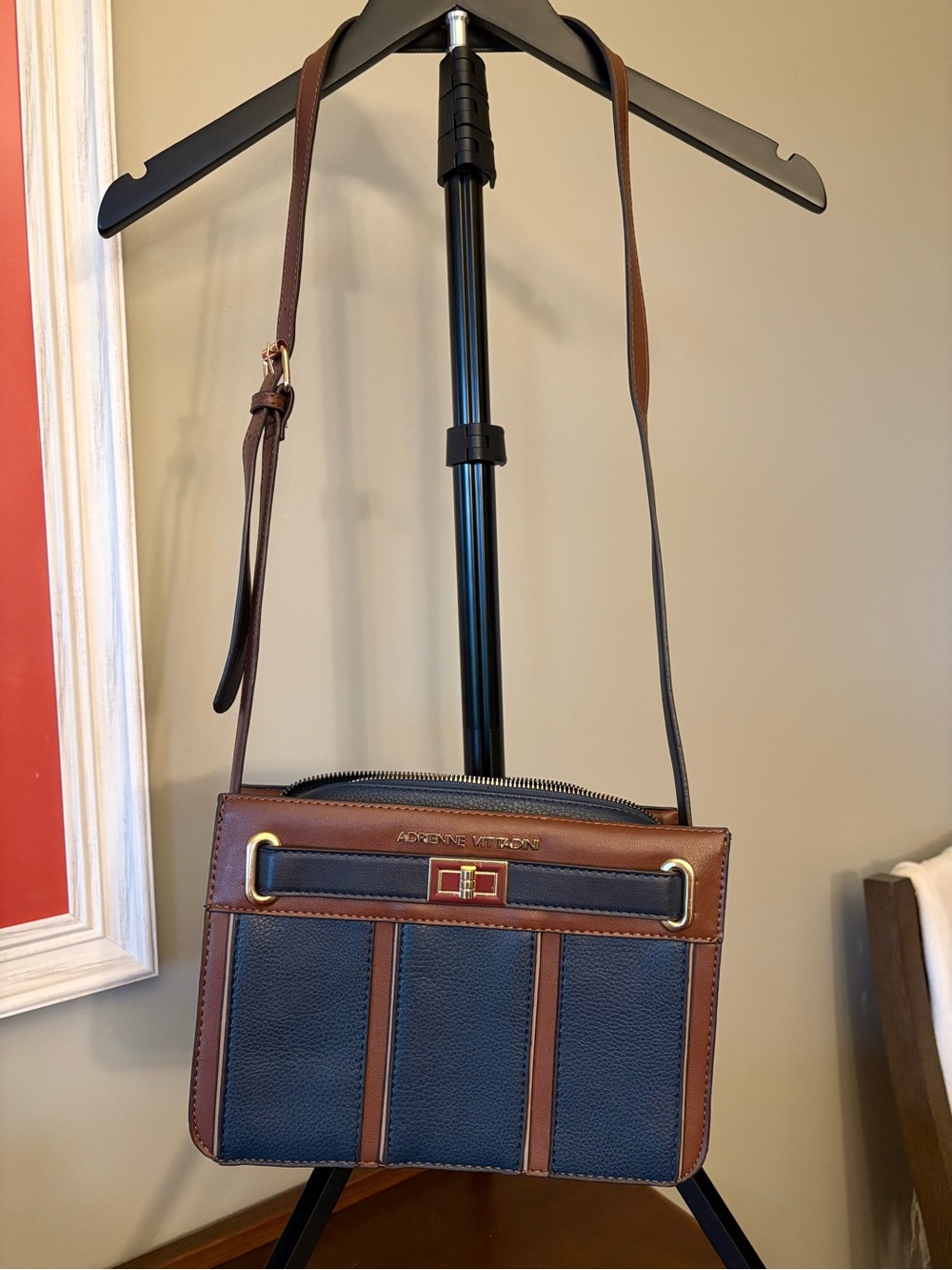 Adrienne Vittadini Navy and Brown Leather Panel Crossbody with Gold Hardware